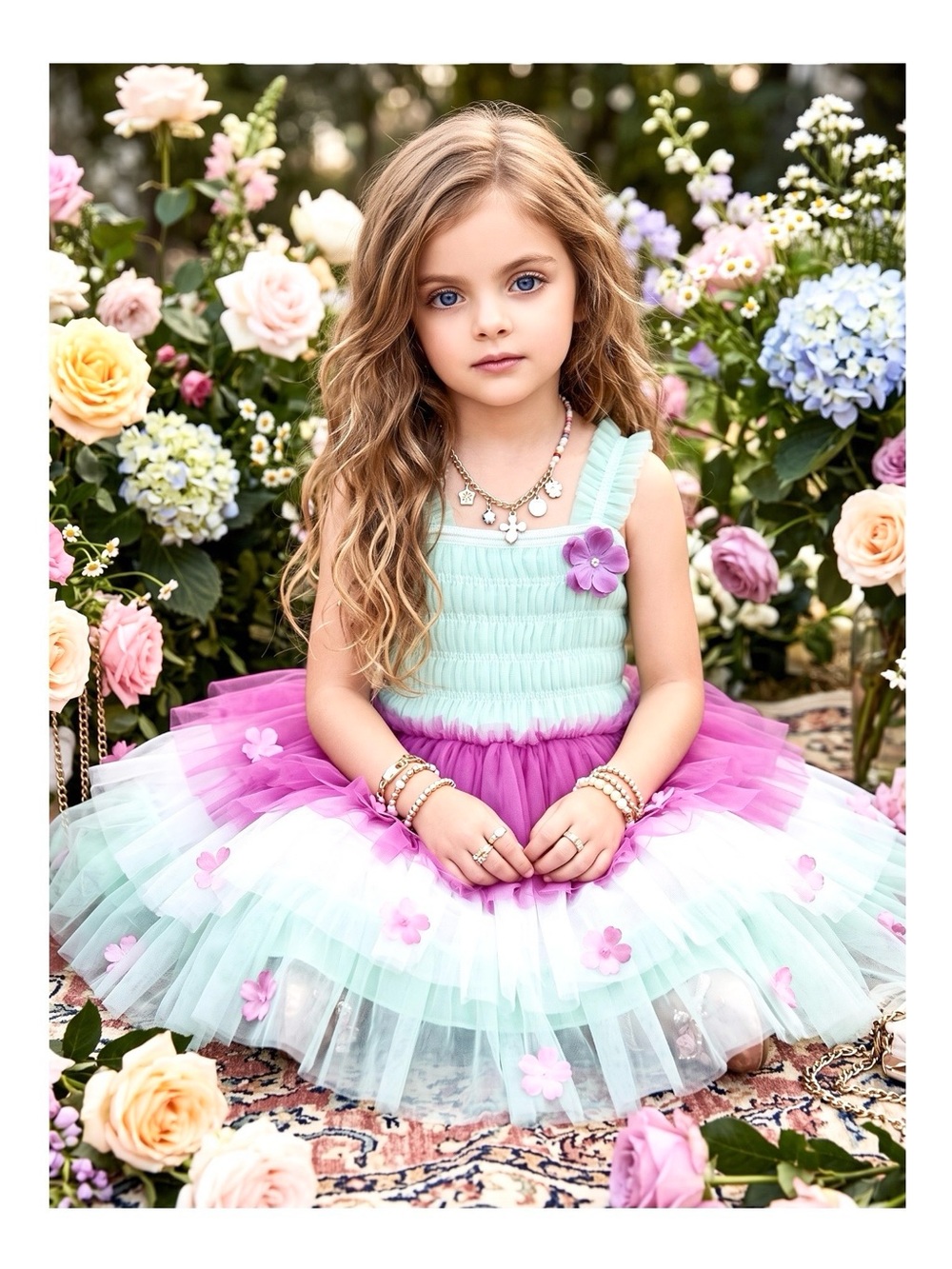 new Little Mass ❀ Layered Tulle Flower Girl Appliqué Dress ❀ Fuchsia Mint 18MO
